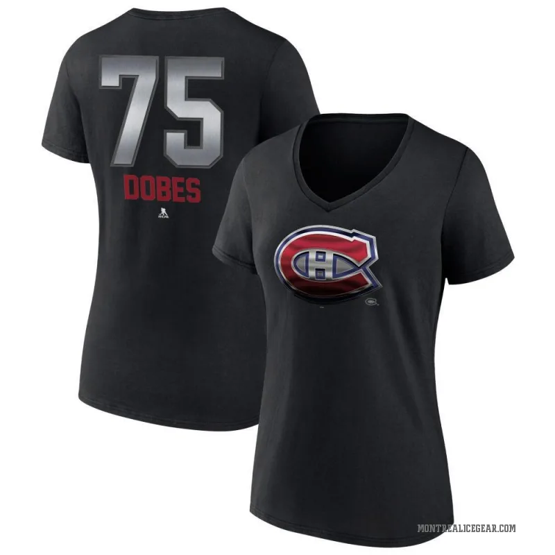 Jakub Dobes Women's Black Montreal Canadiens Midnight Mascot Logo V-Neck T-Shirt
